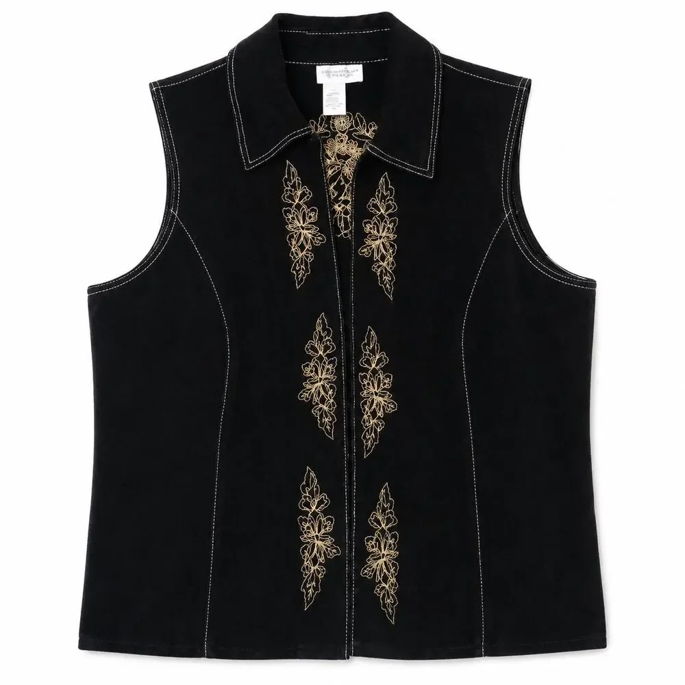 Coldwater Creek Leather Vest Womens L Black Floral Embroidered Zip Boho Western